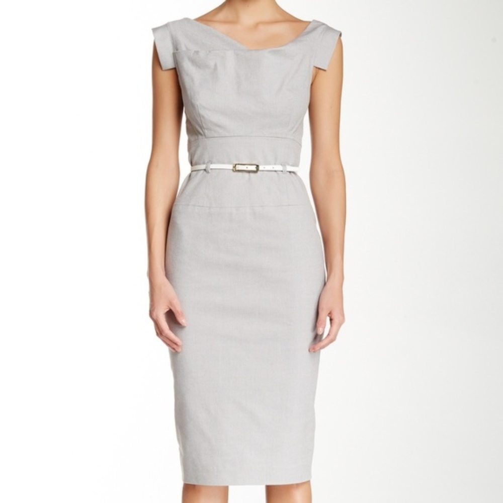 Black Halo Light Gray Cap-Sleeve Midi Sheath Dress with Belt